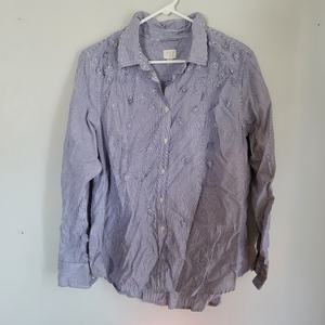 A New Day XXL Large Blue Button-Up‎ Regular Floral Collared Long Sleeve Plus